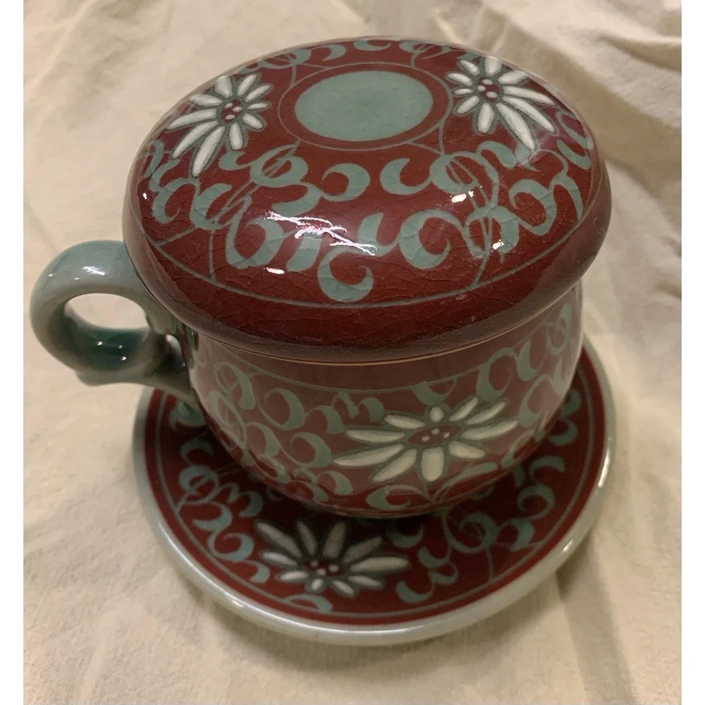 Rare Maroon-Korean Celadon Tea Diffuser Set-(4 Piece) Korean Aster Floral Motif-
